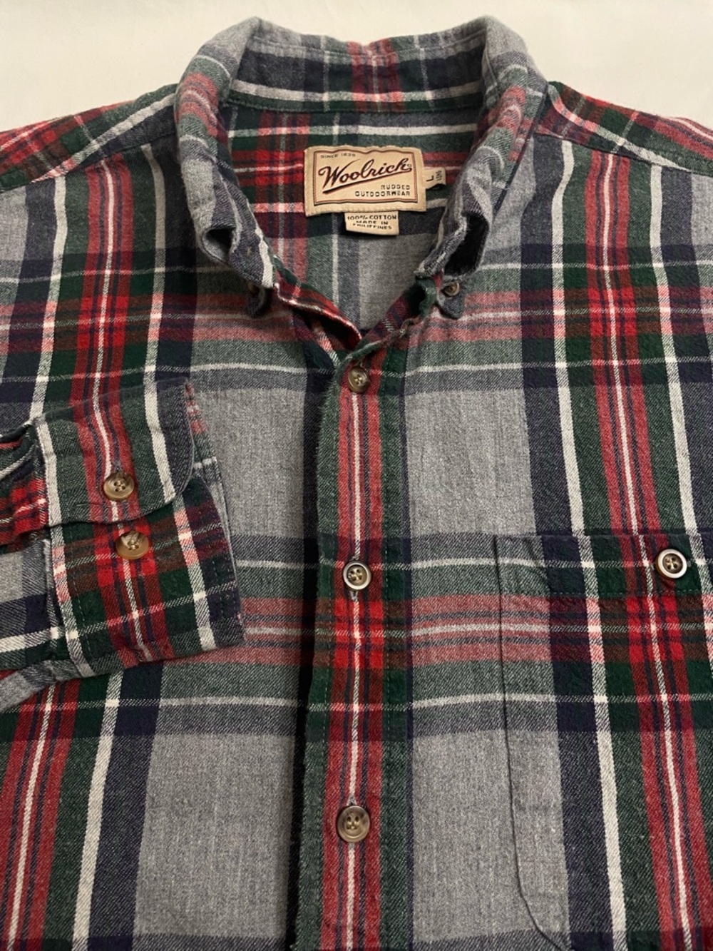 Woolrich Rugged Outdoorwear Plaid Flannel Shirt Grey Stewart Tartan Men’s Large